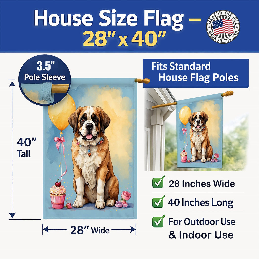 Saint Bernard Happy Birthday House Flag 28x40 Porch Sleeve Pole Decorative Outside Yard Banner Artwork Wall Hanging, Polyester