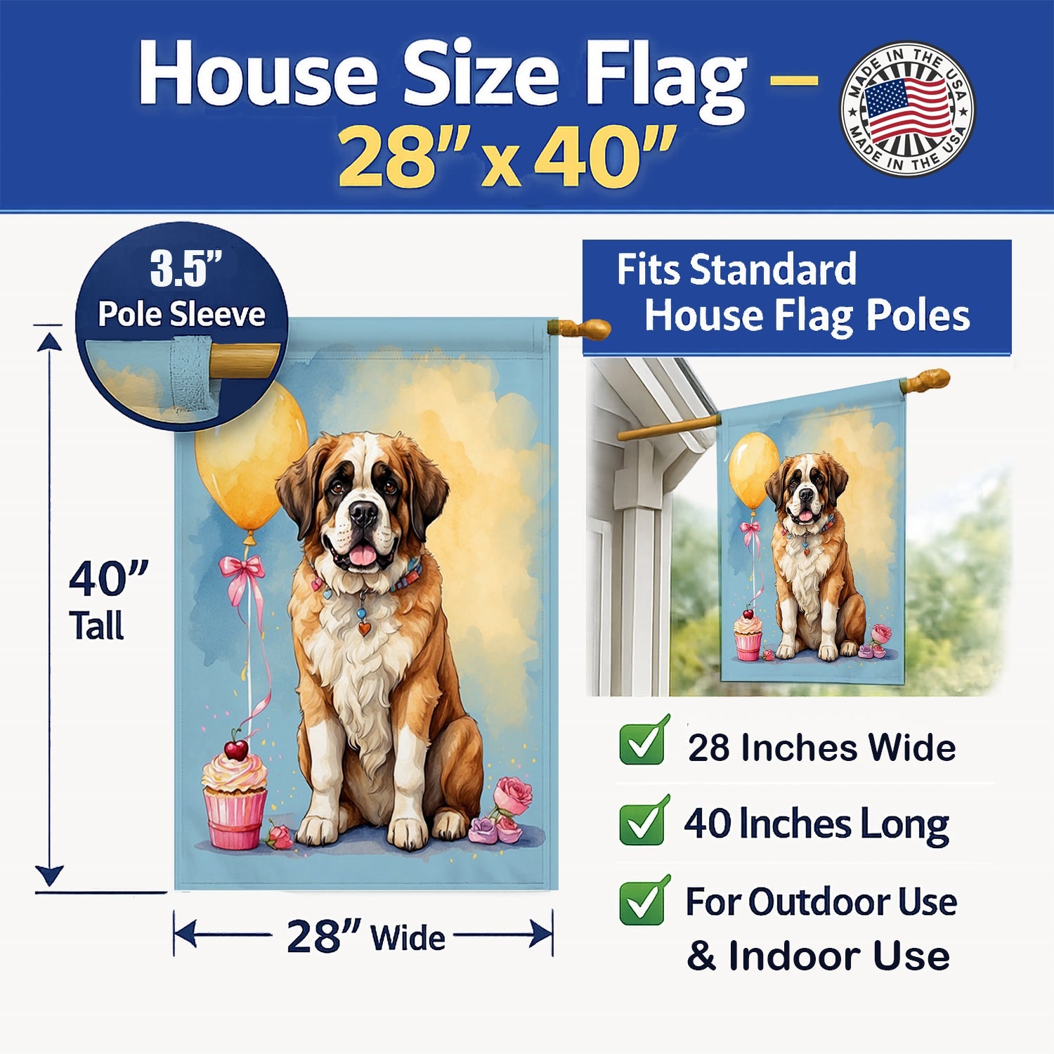 Saint Bernard Happy Birthday House Flag 28x40 Porch Sleeve Pole Decorative Outside Yard Banner Artwork Wall Hanging, Polyester