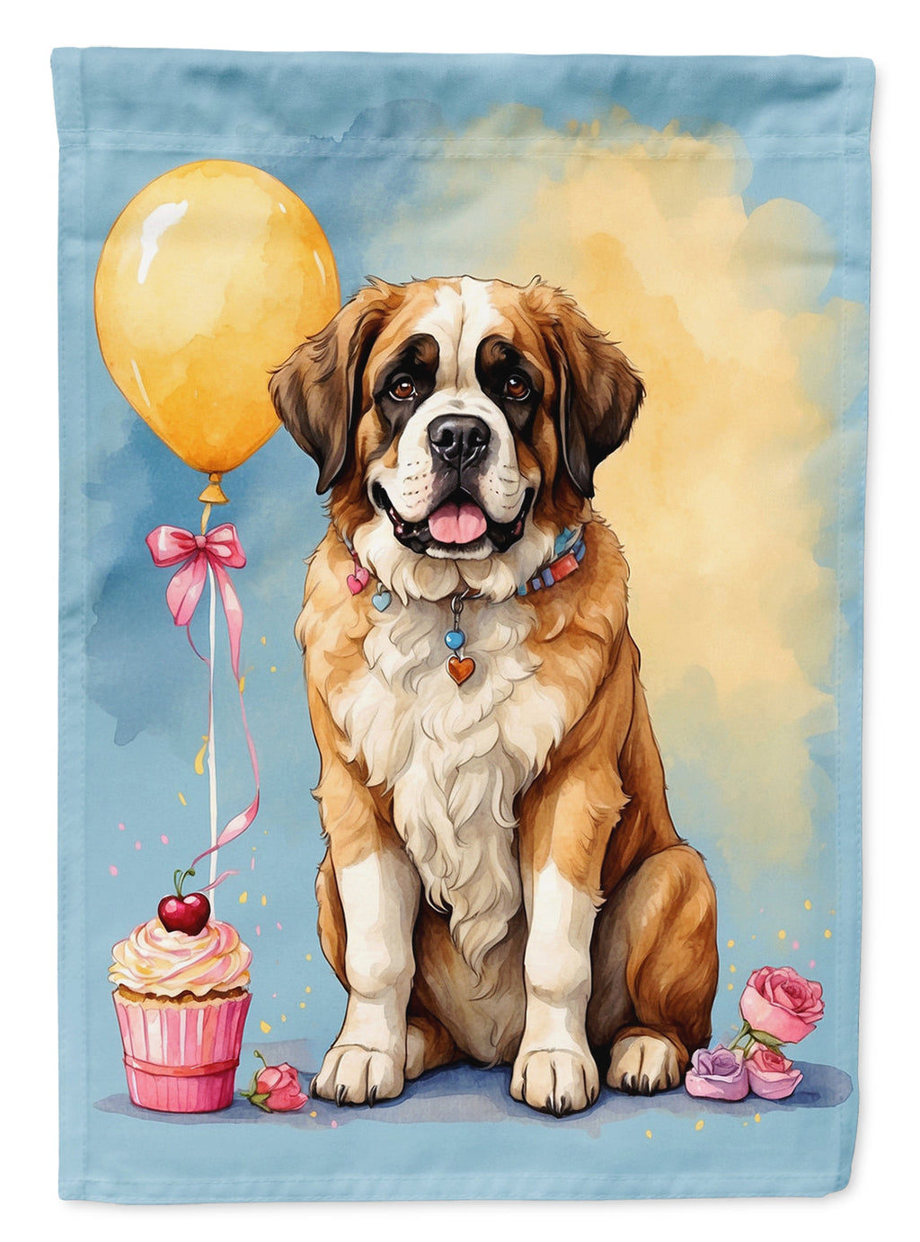 Saint Bernard Happy Birthday House Flag 28x40 Porch Sleeve Pole Decorative Outside Yard Banner Artwork Wall Hanging, Polyester