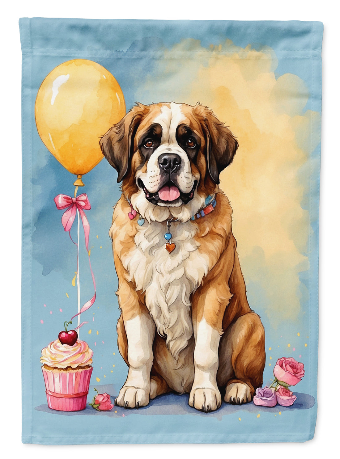 Saint Bernard Happy Birthday House Flag 28x40 Porch Sleeve Pole Decorative Outside Yard Banner Artwork Wall Hanging, Polyester