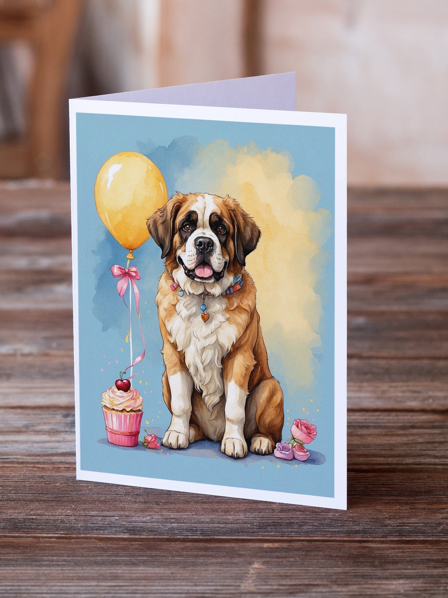 Saint Bernard Happy Birthday Greeting Cards Pack of 8 Blank Cards with Envelopes Whimsical A7 Size 5x7