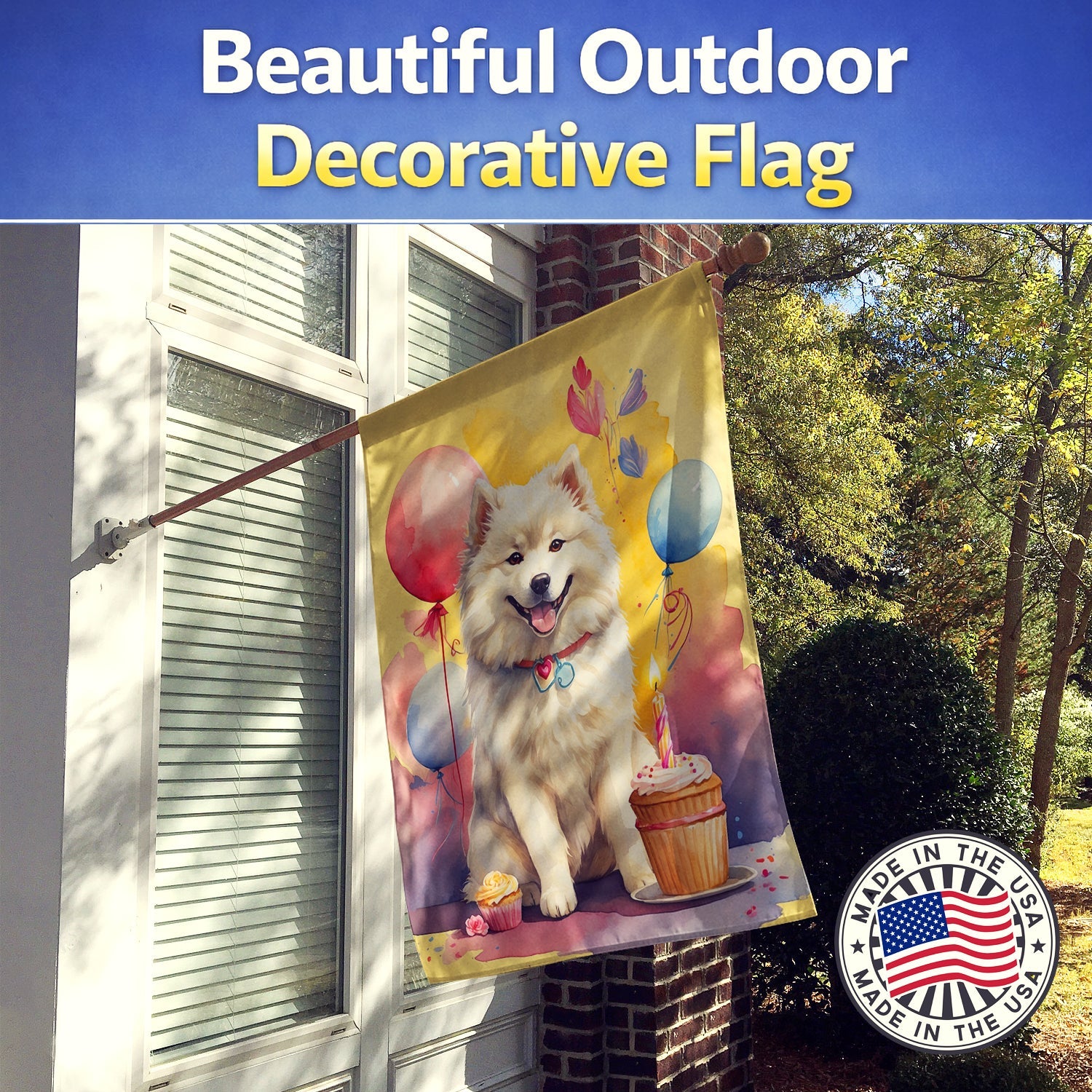 Samoyed Happy Birthday House Flag 28x40 Porch Sleeve Pole Decorative Outside Yard Banner Artwork Wall Hanging, Polyester
