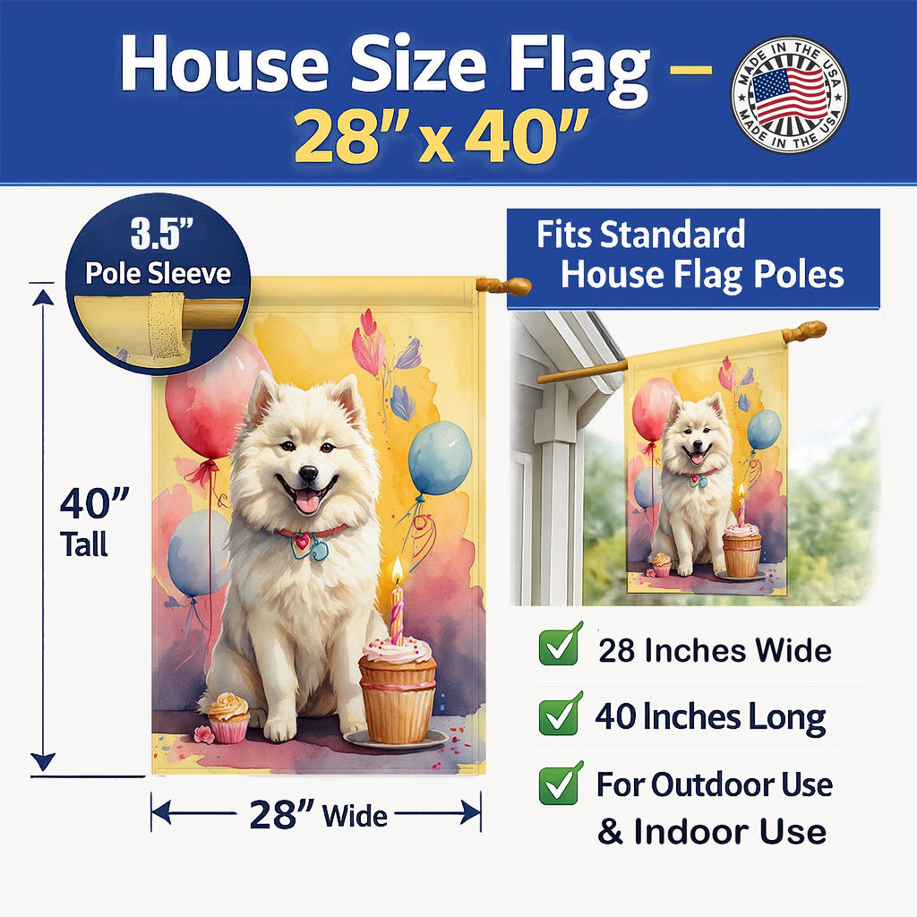 Samoyed Happy Birthday House Flag 28x40 Porch Sleeve Pole Decorative Outside Yard Banner Artwork Wall Hanging, Polyester