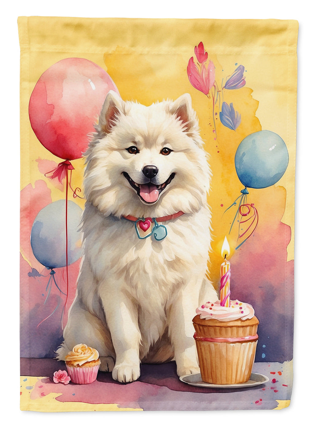 Samoyed Happy Birthday House Flag 28x40 Porch Sleeve Pole Decorative Outside Yard Banner Artwork Wall Hanging, Polyester
