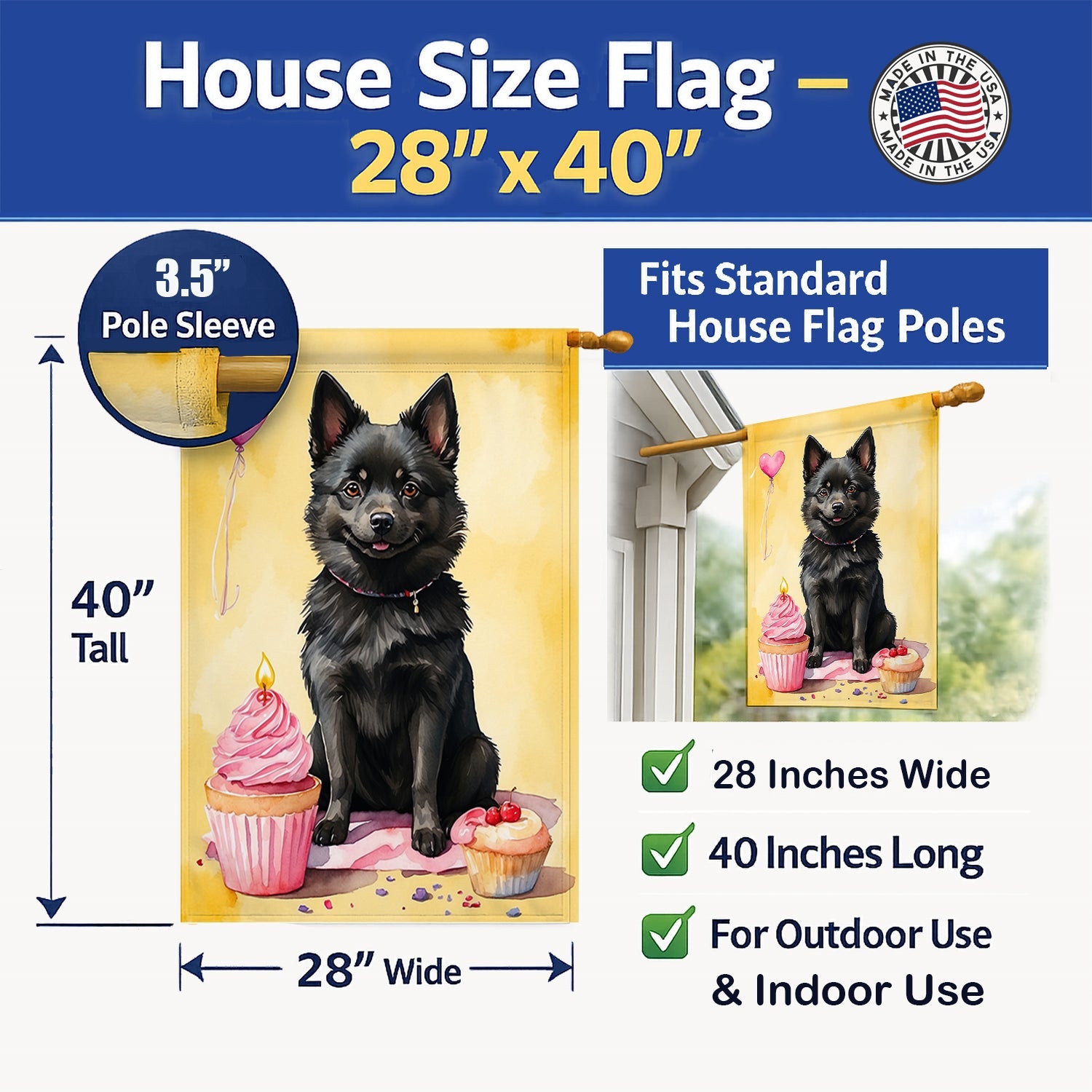 Schipperke Happy Birthday House Flag 28x40 Porch Sleeve Pole Decorative Outside Yard Banner Artwork Wall Hanging, Polyester