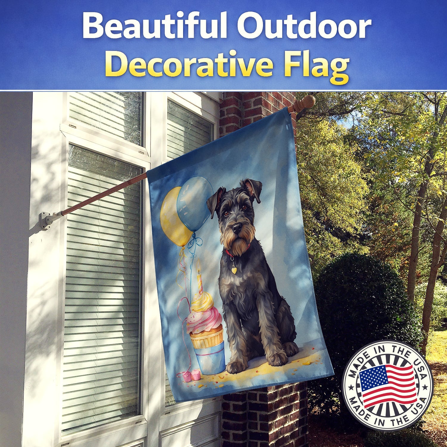 Schnauzer Happy Birthday House Flag 28x40 Porch Sleeve Pole Decorative Outside Yard Banner Artwork Wall Hanging, Polyester