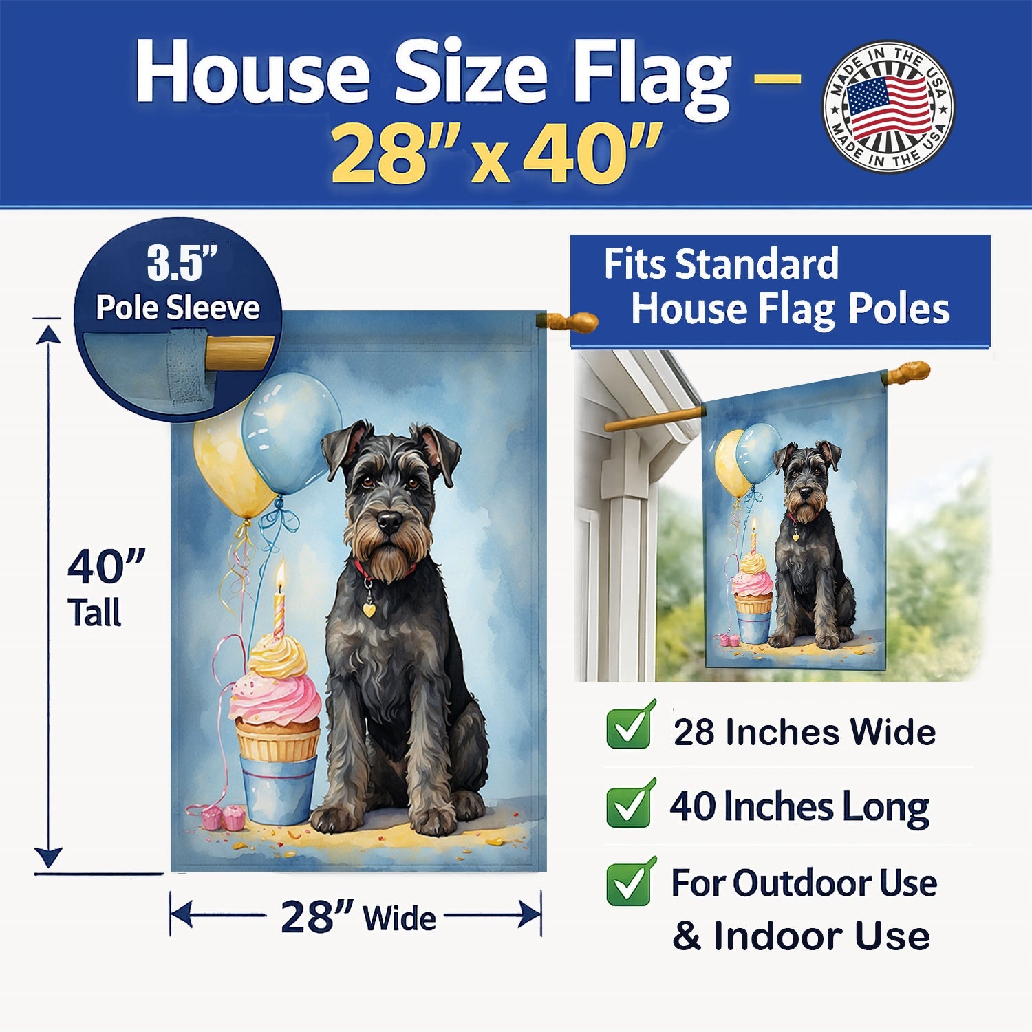 Schnauzer Happy Birthday House Flag 28x40 Porch Sleeve Pole Decorative Outside Yard Banner Artwork Wall Hanging, Polyester