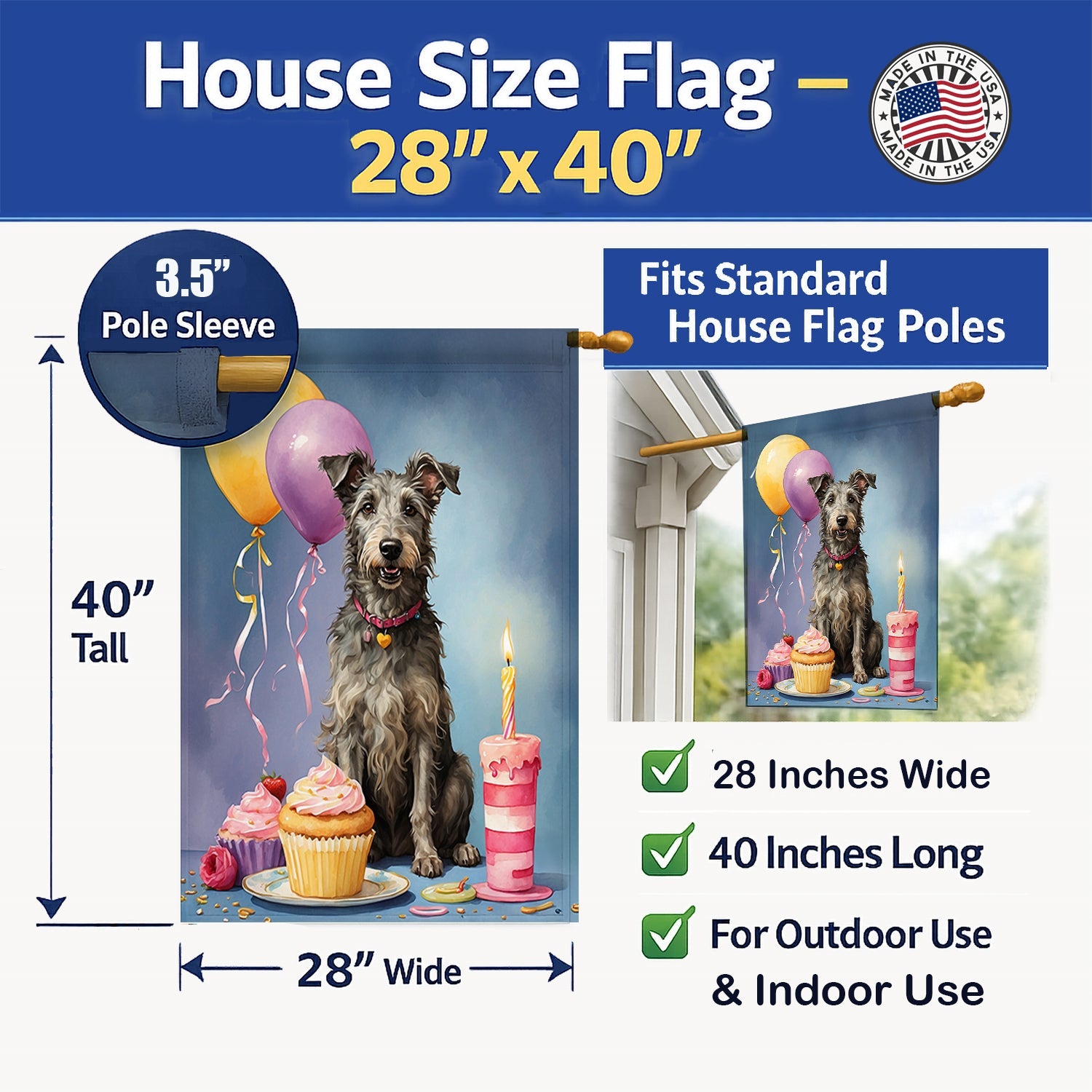 Scottish Deerhound Happy Birthday House Flag 28x40 Porch Sleeve Pole Decorative Outside Yard Banner Artwork Wall Hanging, Polyester
