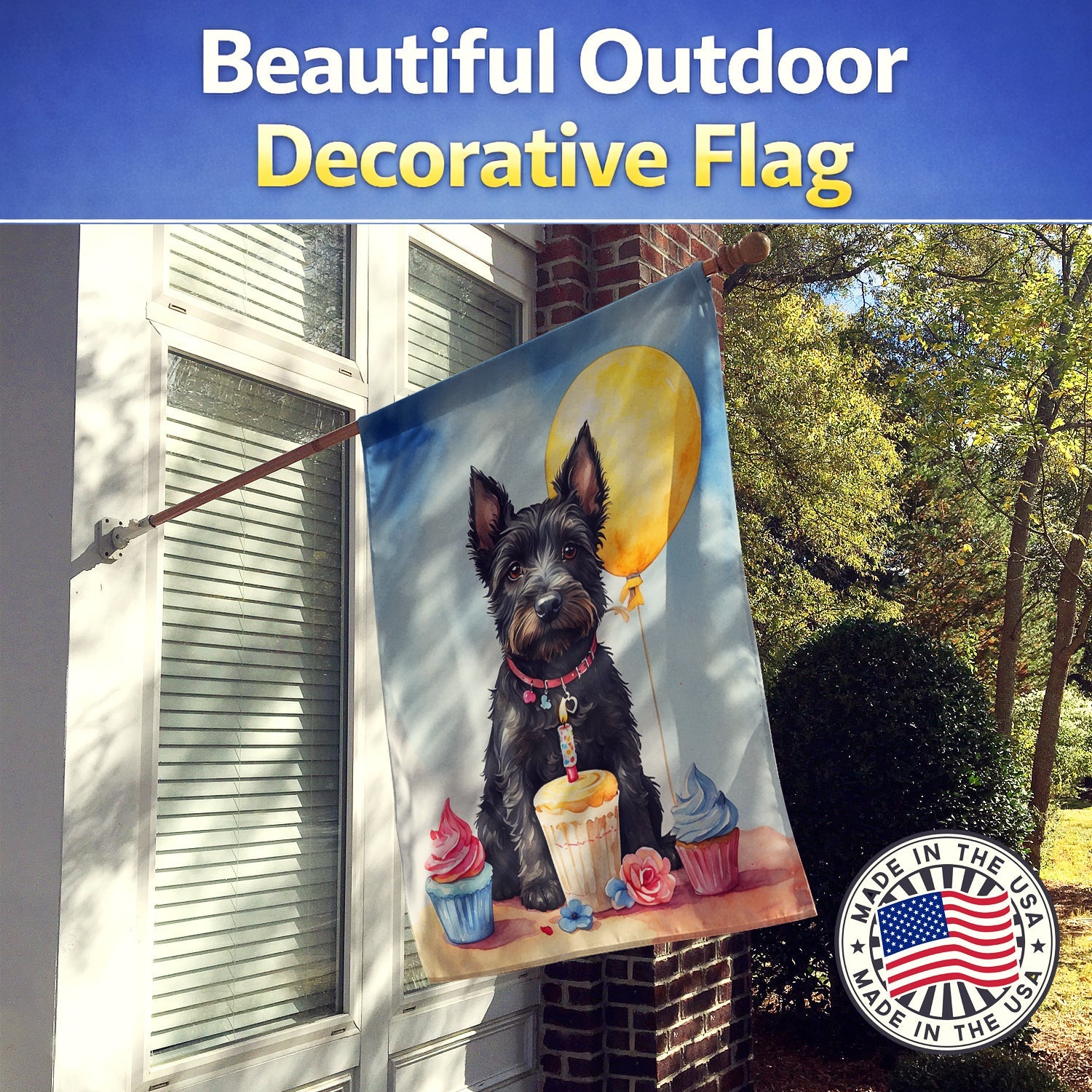 Scottish Terrier Happy Birthday House Flag 28x40 Porch Sleeve Pole Decorative Outside Yard Banner Artwork Wall Hanging, Polyester