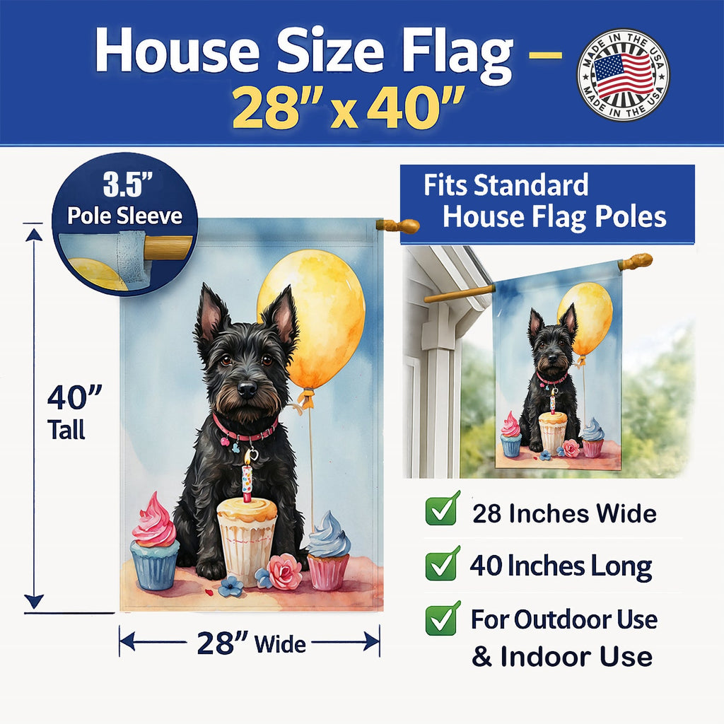 Scottish Terrier Happy Birthday House Flag 28x40 Porch Sleeve Pole Decorative Outside Yard Banner Artwork Wall Hanging, Polyester