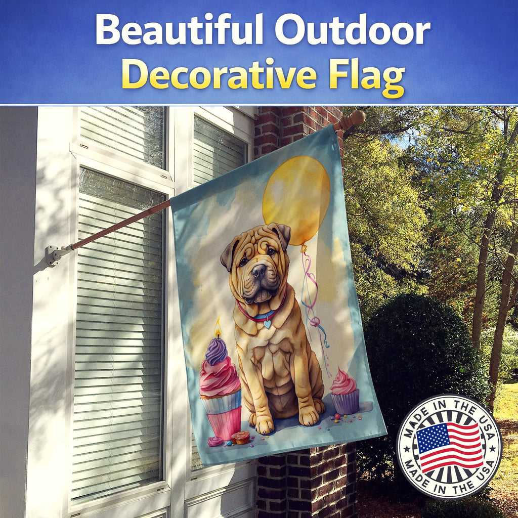 Shar Pei Happy Birthday House Flag 28x40 Porch Sleeve Pole Decorative Outside Yard Banner Artwork Wall Hanging, Polyester