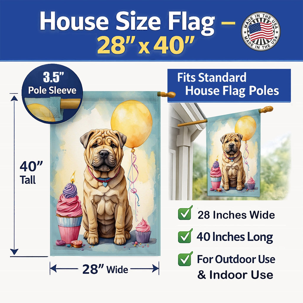 Shar Pei Happy Birthday House Flag 28x40 Porch Sleeve Pole Decorative Outside Yard Banner Artwork Wall Hanging, Polyester