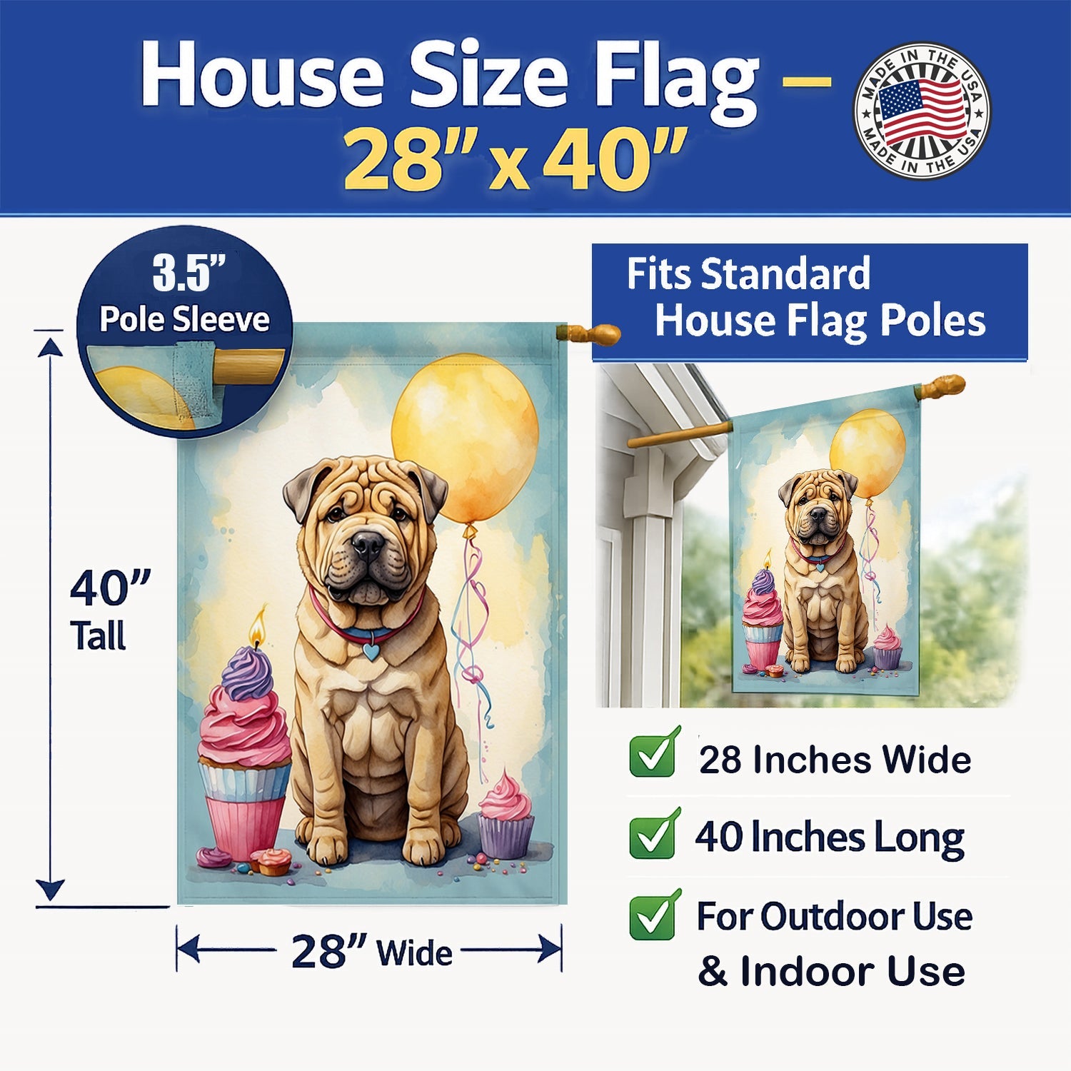 Shar Pei Happy Birthday House Flag 28x40 Porch Sleeve Pole Decorative Outside Yard Banner Artwork Wall Hanging, Polyester