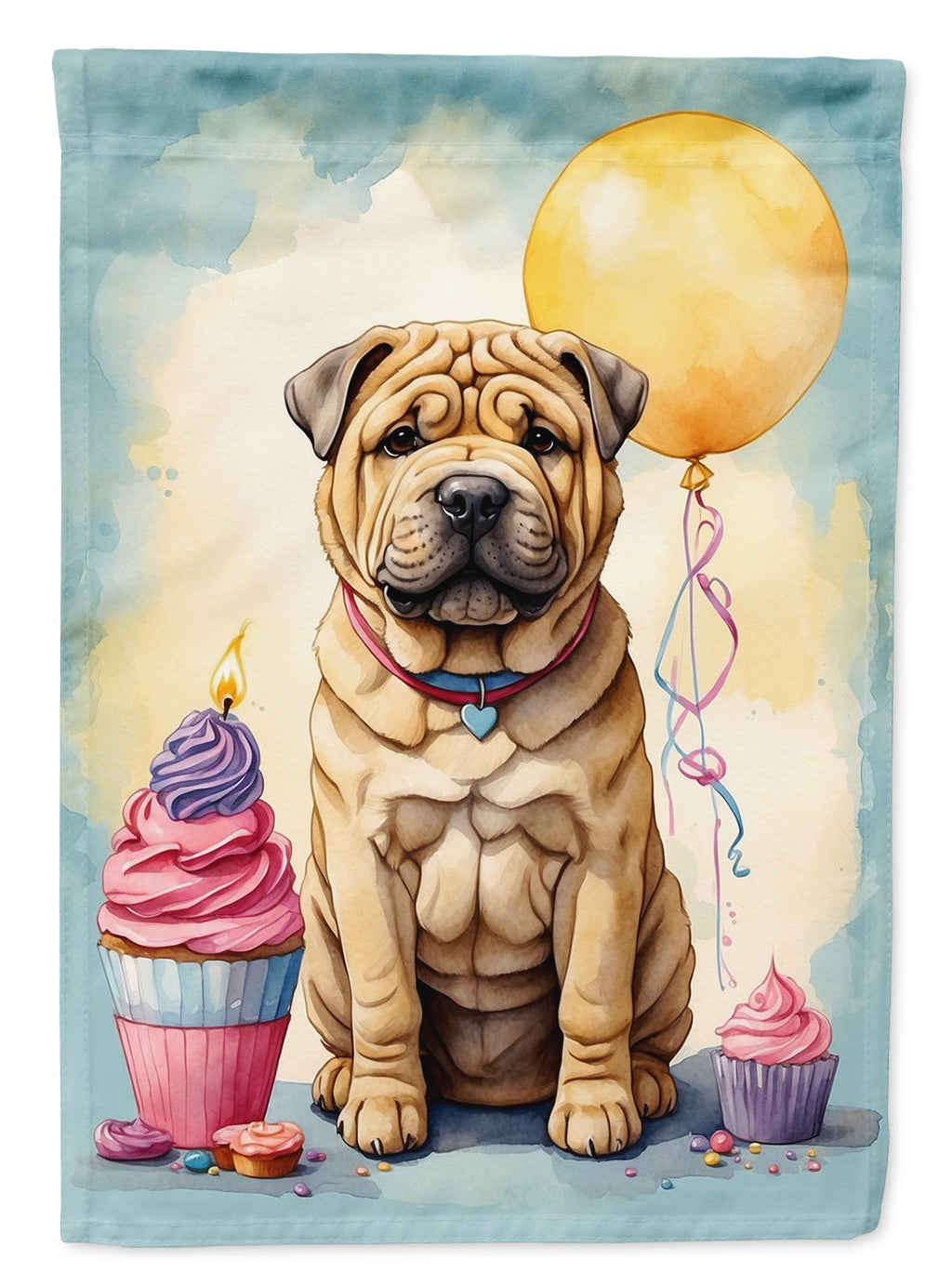 Shar Pei Happy Birthday House Flag 28x40 Porch Sleeve Pole Decorative Outside Yard Banner Artwork Wall Hanging, Polyester