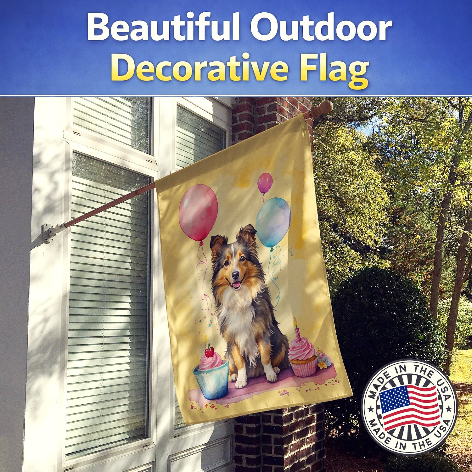 Sheltie Happy Birthday House Flag 28x40 Porch Sleeve Pole Decorative Outside Yard Banner Artwork Wall Hanging, Polyester