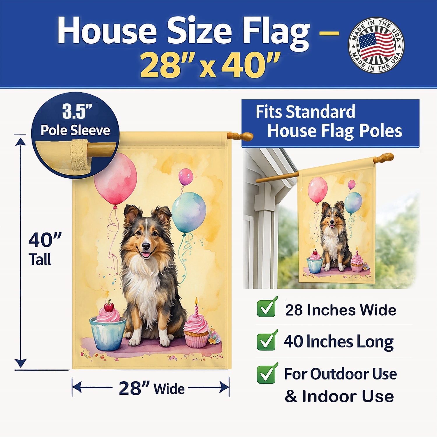 Sheltie Happy Birthday House Flag 28x40 Porch Sleeve Pole Decorative Outside Yard Banner Artwork Wall Hanging, Polyester