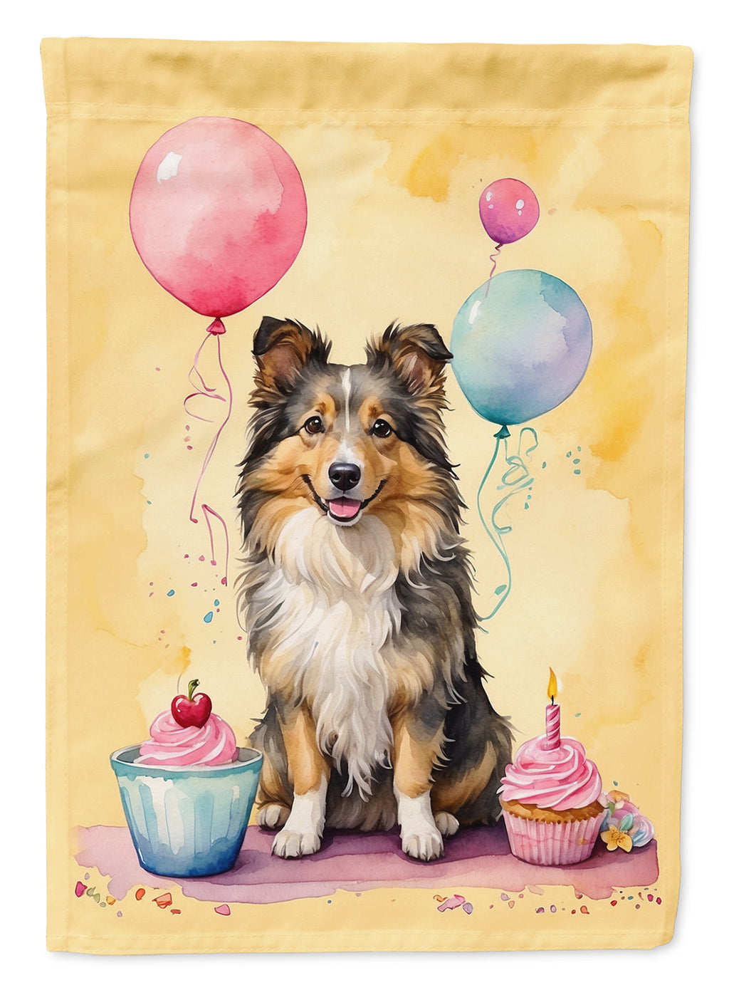Sheltie Happy Birthday House Flag 28x40 Porch Sleeve Pole Decorative Outside Yard Banner Artwork Wall Hanging, Polyester