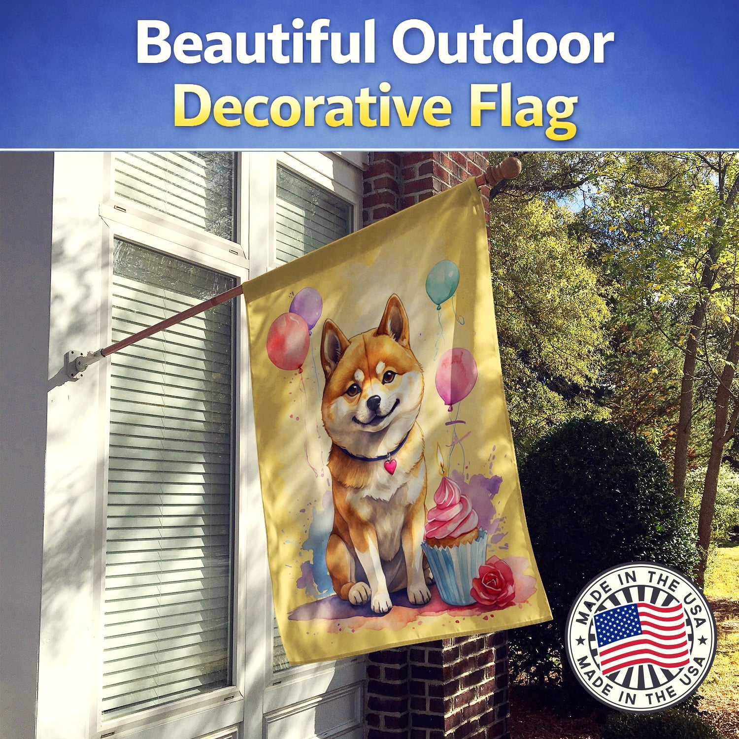 Shiba Inu Happy Birthday House Flag 28x40 Porch Sleeve Pole Decorative Outside Yard Banner Artwork Wall Hanging, Polyester