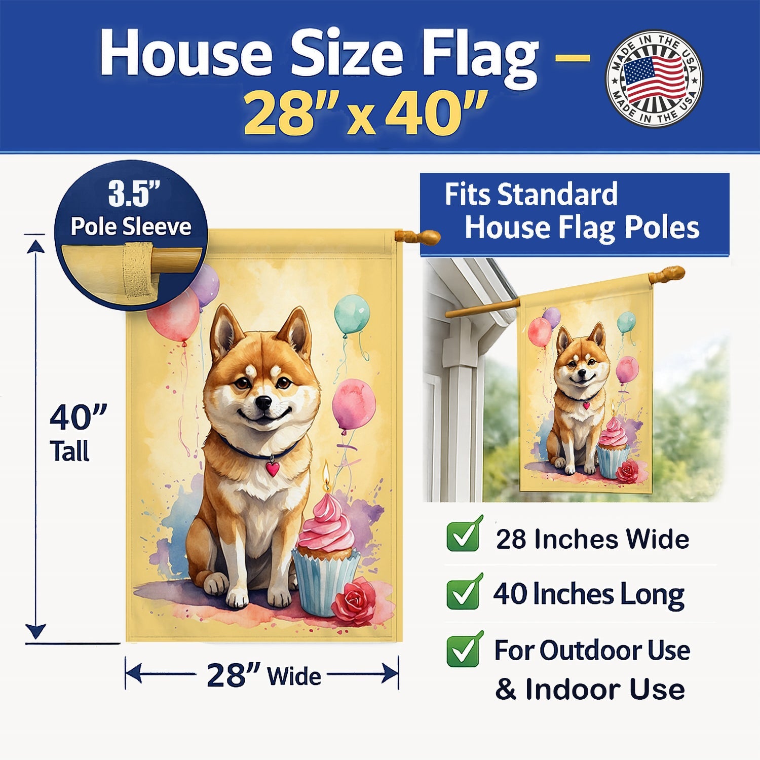 Shiba Inu Happy Birthday House Flag 28x40 Porch Sleeve Pole Decorative Outside Yard Banner Artwork Wall Hanging, Polyester