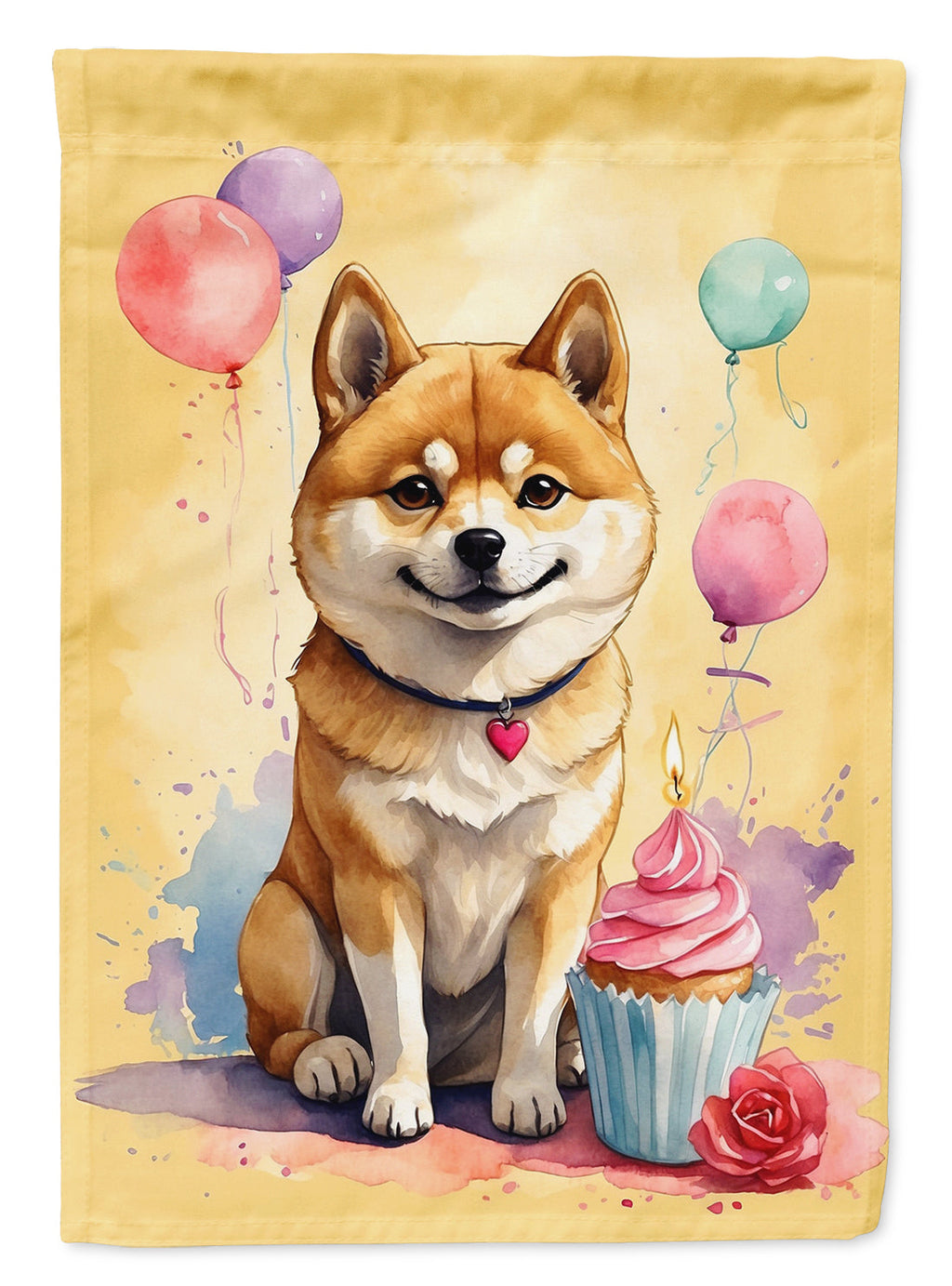 Shiba Inu Happy Birthday House Flag 28x40 Porch Sleeve Pole Decorative Outside Yard Banner Artwork Wall Hanging, Polyester