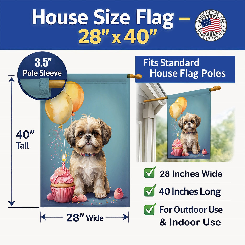 Shih Tzu Happy Birthday House Flag 28x40 Porch Sleeve Pole Decorative Outside Yard Banner Artwork Wall Hanging, Polyester