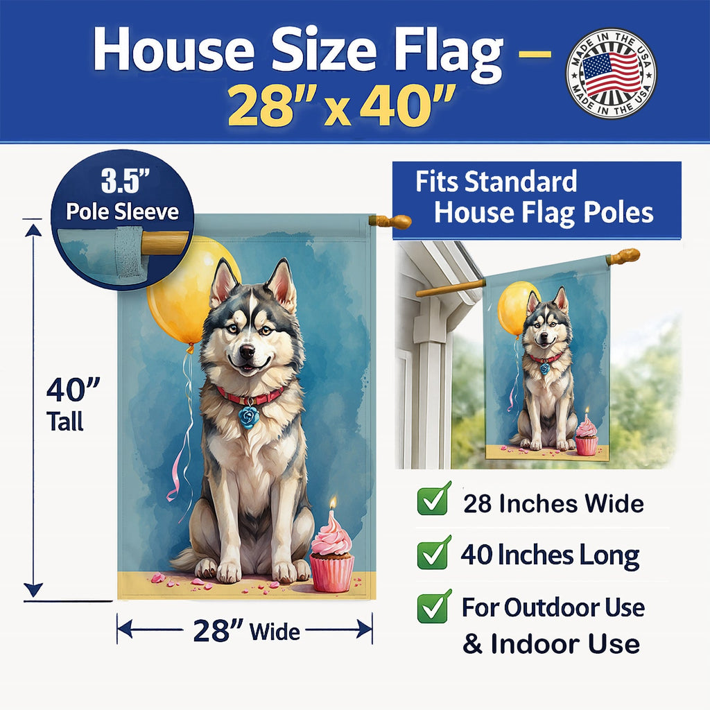 Siberian Husky Happy Birthday House Flag 28x40 Porch Sleeve Pole Decorative Outside Yard Banner Artwork Wall Hanging, Polyester