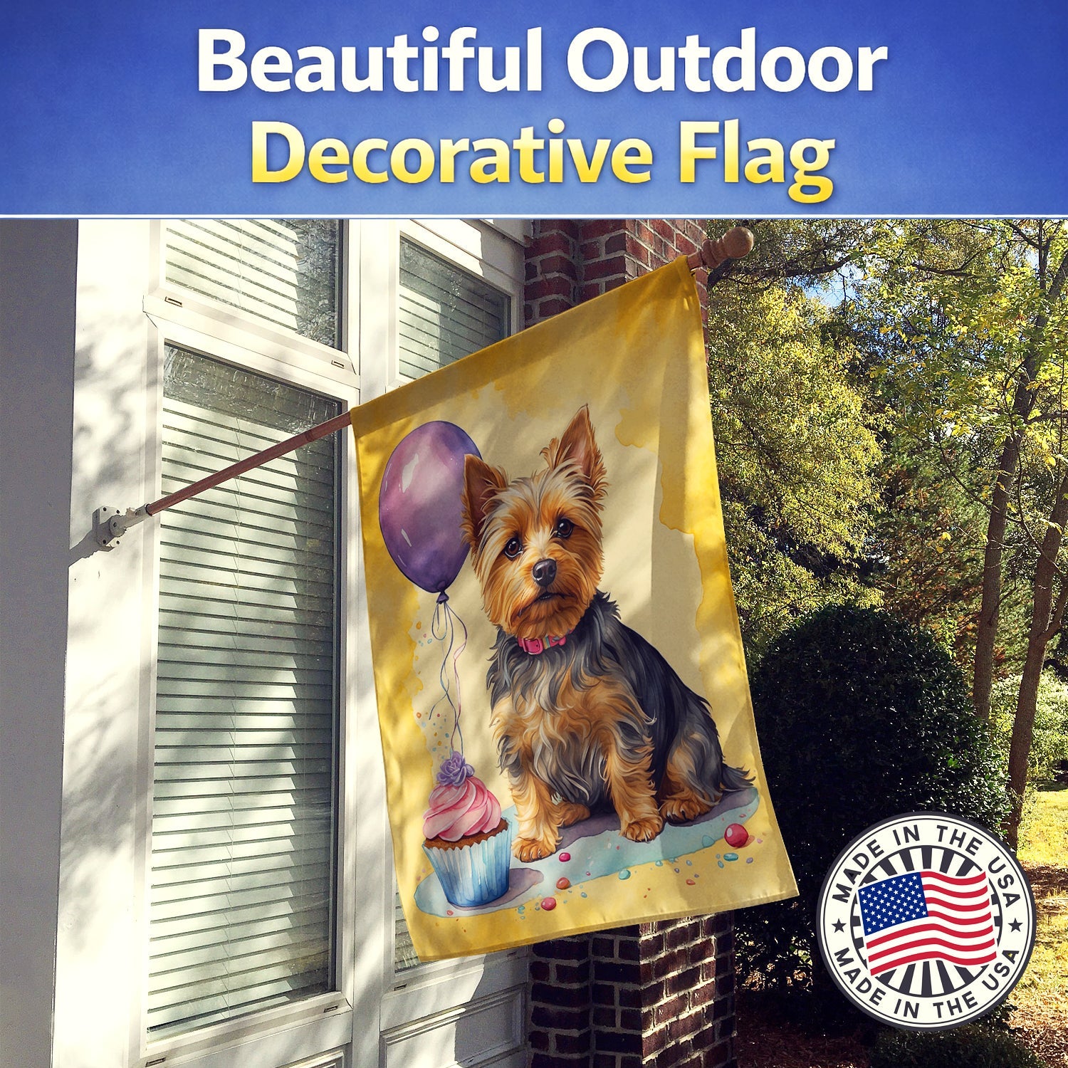 Silky Terrier Happy Birthday House Flag 28x40 Porch Sleeve Pole Decorative Outside Yard Banner Artwork Wall Hanging, Polyester