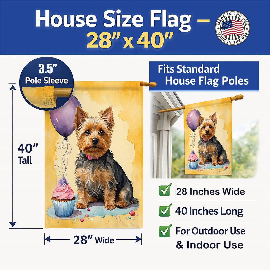 Silky Terrier Happy Birthday House Flag 28x40 Porch Sleeve Pole Decorative Outside Yard Banner Artwork Wall Hanging, Polyester
