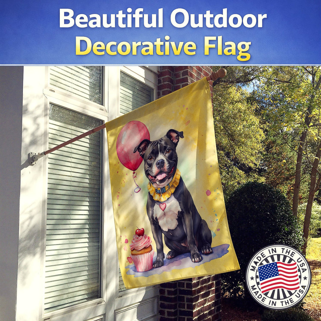 Staffordshire Bull Terrier Happy Birthday House Flag 28x40 Porch Sleeve Pole Decorative Outside Yard Banner Artwork Wall Hanging, Polyester