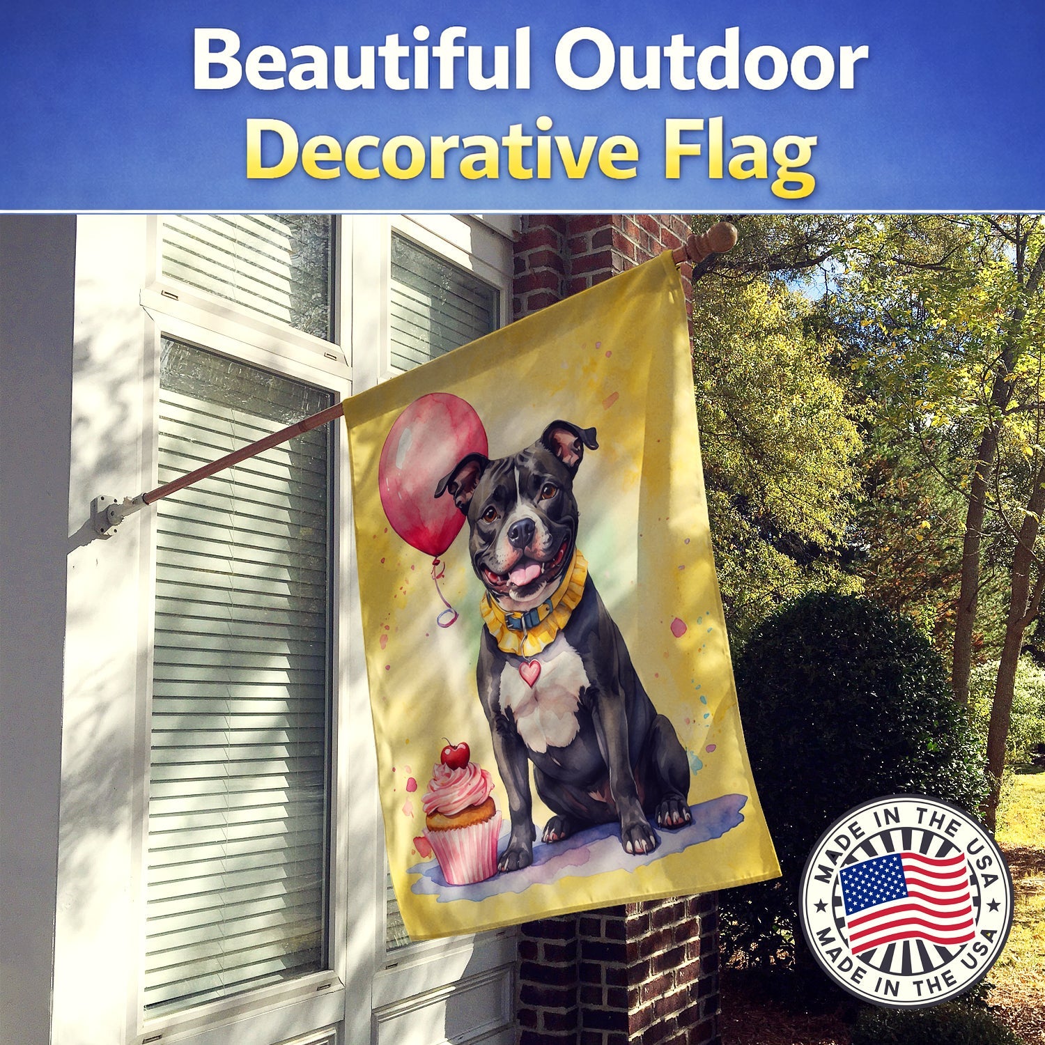Staffordshire Bull Terrier Happy Birthday House Flag 28x40 Porch Sleeve Pole Decorative Outside Yard Banner Artwork Wall Hanging, Polyester