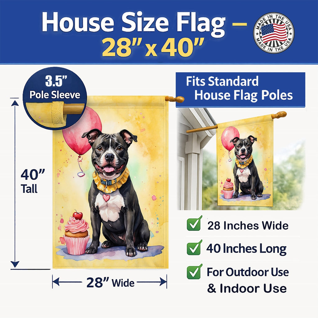 Staffordshire Bull Terrier Happy Birthday House Flag 28x40 Porch Sleeve Pole Decorative Outside Yard Banner Artwork Wall Hanging, Polyester