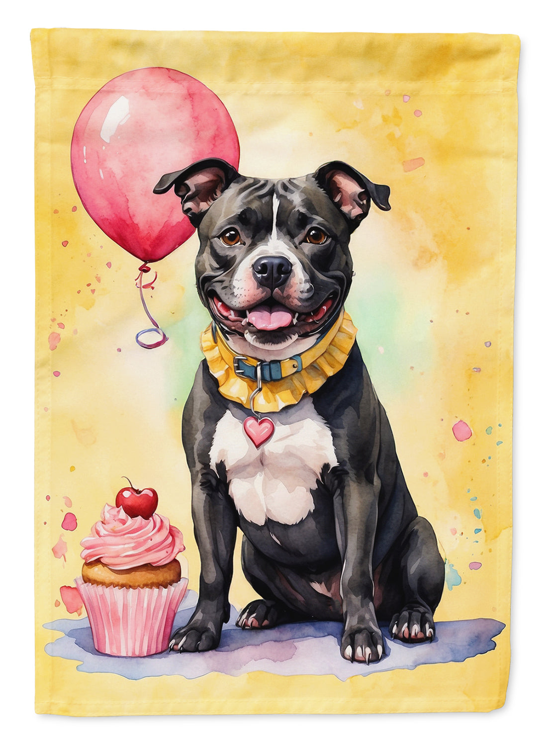 Staffordshire Bull Terrier Happy Birthday House Flag 28x40 Porch Sleeve Pole Decorative Outside Yard Banner Artwork Wall Hanging, Polyester