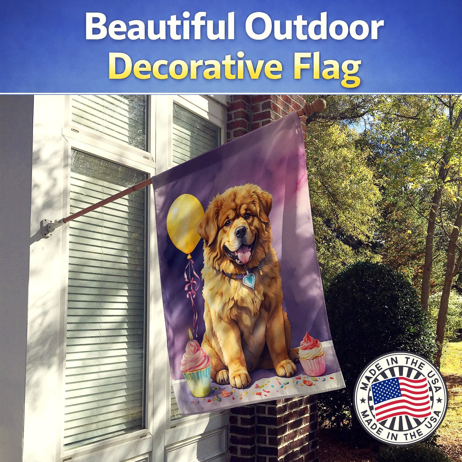 Tibetan Mastiff Happy Birthday House Flag 28x40 Porch Sleeve Pole Decorative Outside Yard Banner Artwork Wall Hanging, Polyester