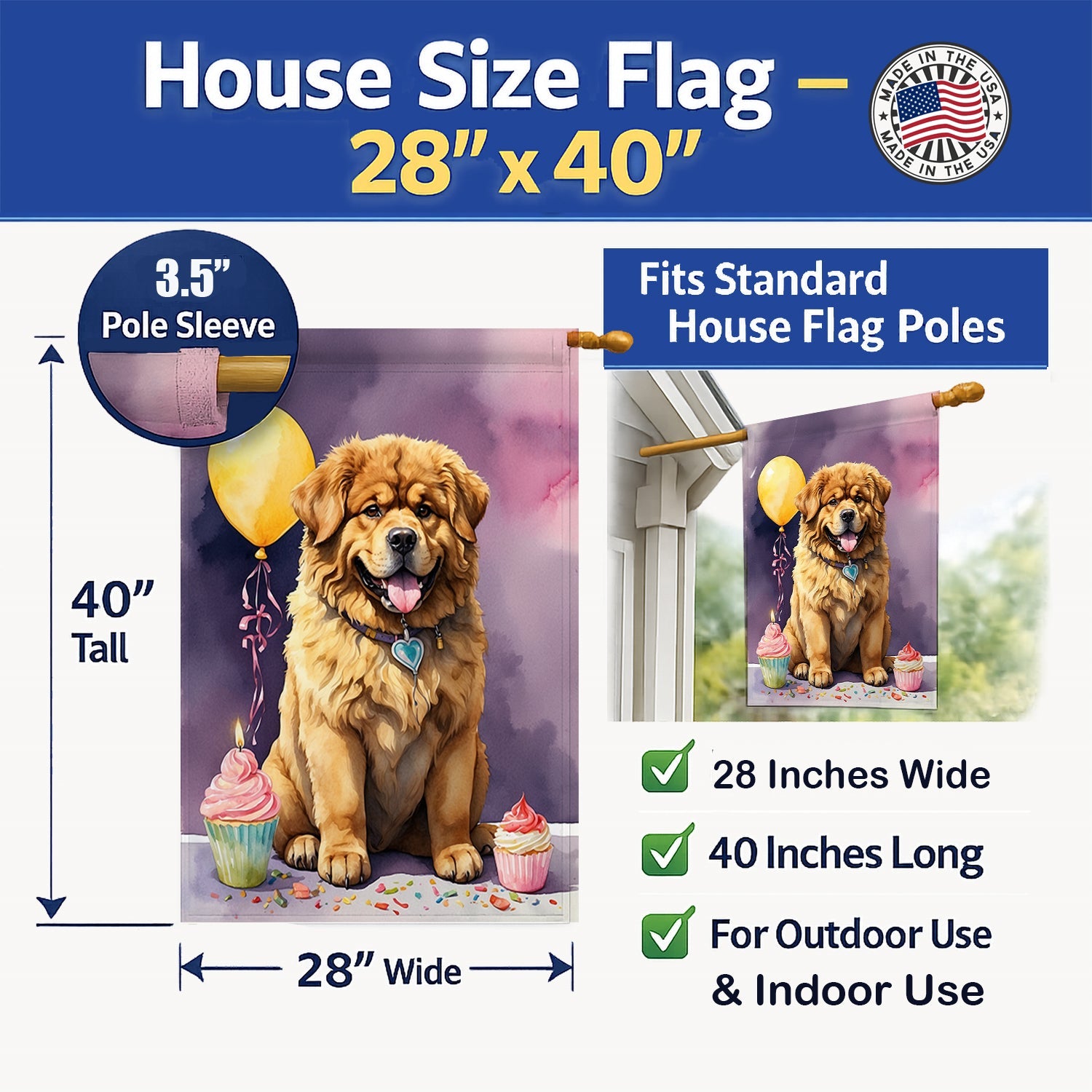 Tibetan Mastiff Happy Birthday House Flag 28x40 Porch Sleeve Pole Decorative Outside Yard Banner Artwork Wall Hanging, Polyester