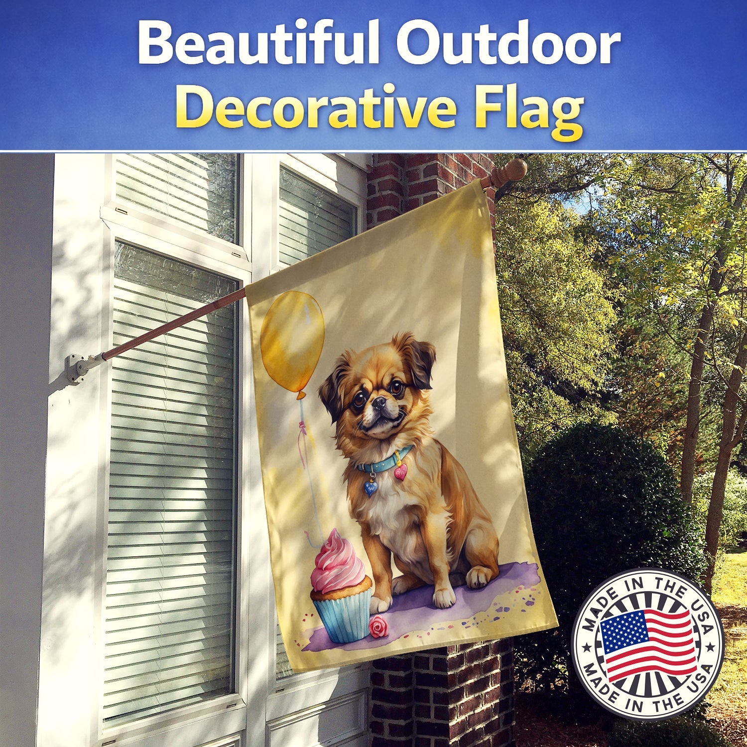 Tibetan Spaniel Happy Birthday House Flag 28x40 Porch Sleeve Pole Decorative Outside Yard Banner Artwork Wall Hanging, Polyester