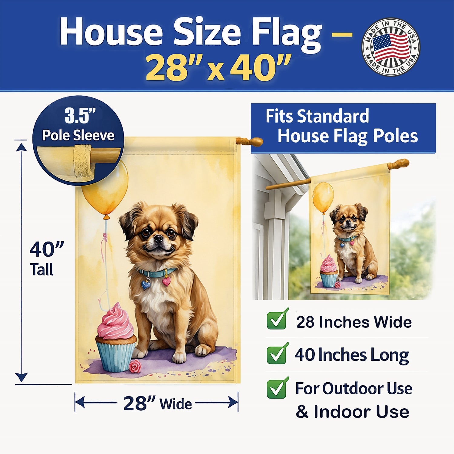 Tibetan Spaniel Happy Birthday House Flag 28x40 Porch Sleeve Pole Decorative Outside Yard Banner Artwork Wall Hanging, Polyester