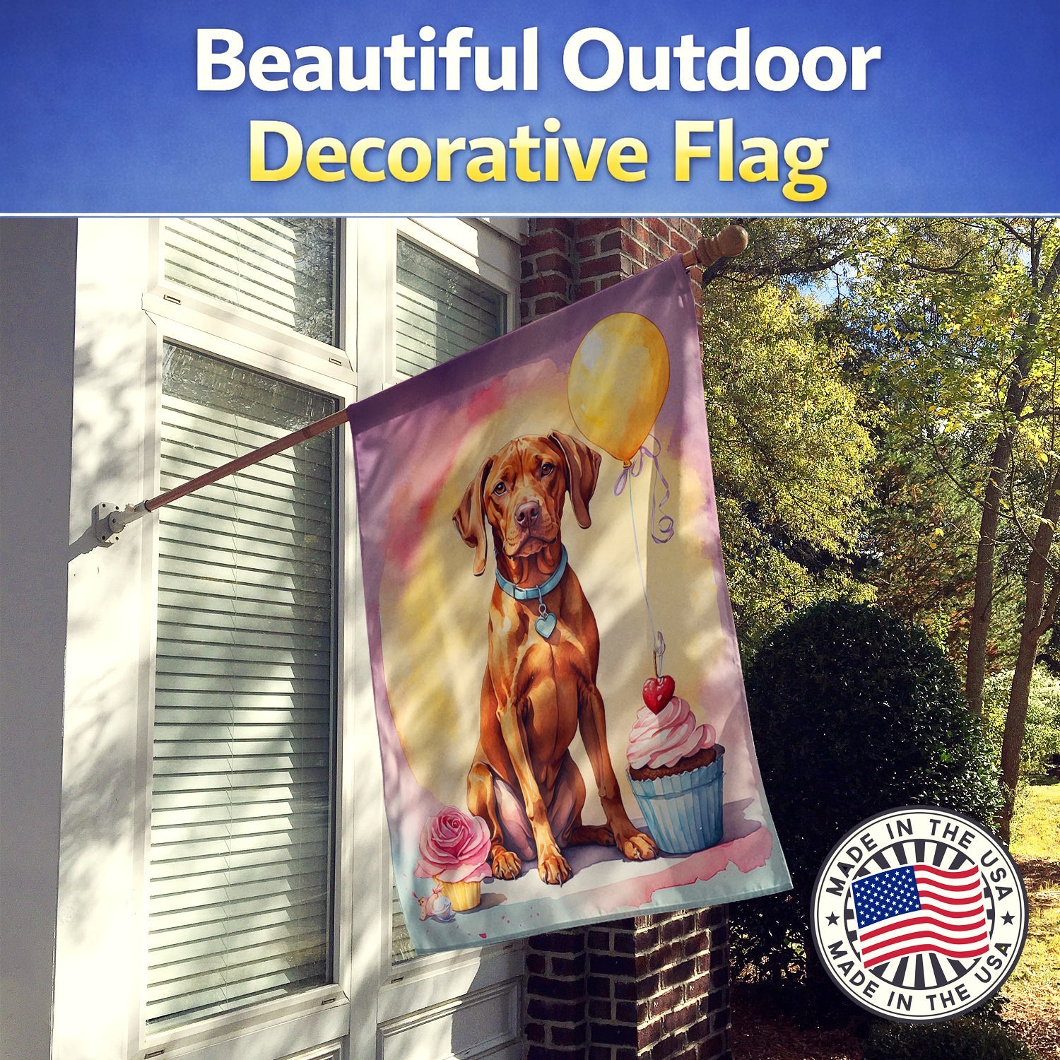 Vizsla Happy Birthday House Flag 28x40 Porch Sleeve Pole Decorative Outside Yard Banner Artwork Wall Hanging, Polyester