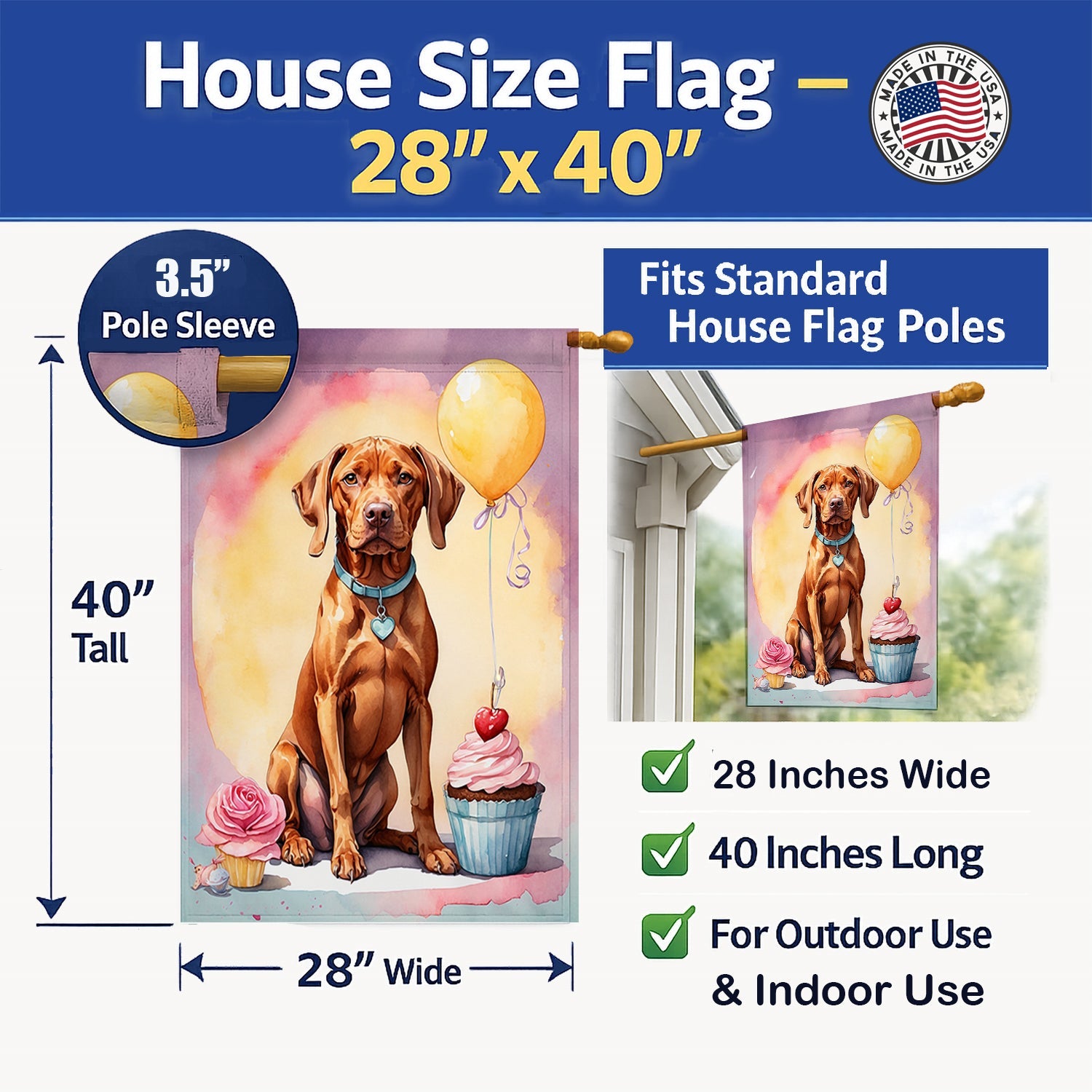 Vizsla Happy Birthday House Flag 28x40 Porch Sleeve Pole Decorative Outside Yard Banner Artwork Wall Hanging, Polyester