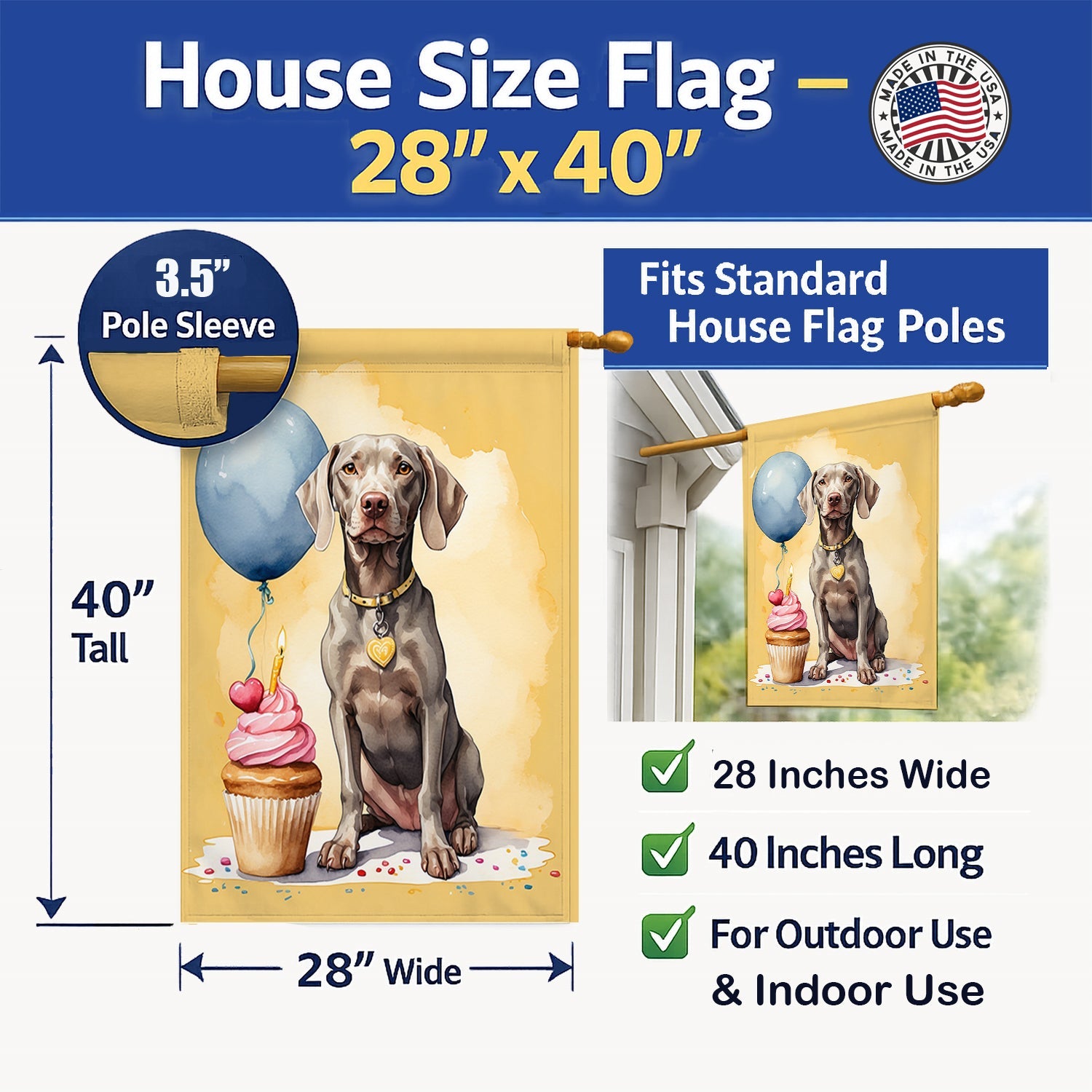Weimaraner Happy Birthday House Flag 28x40 Porch Sleeve Pole Decorative Outside Yard Banner Artwork Wall Hanging, Polyester