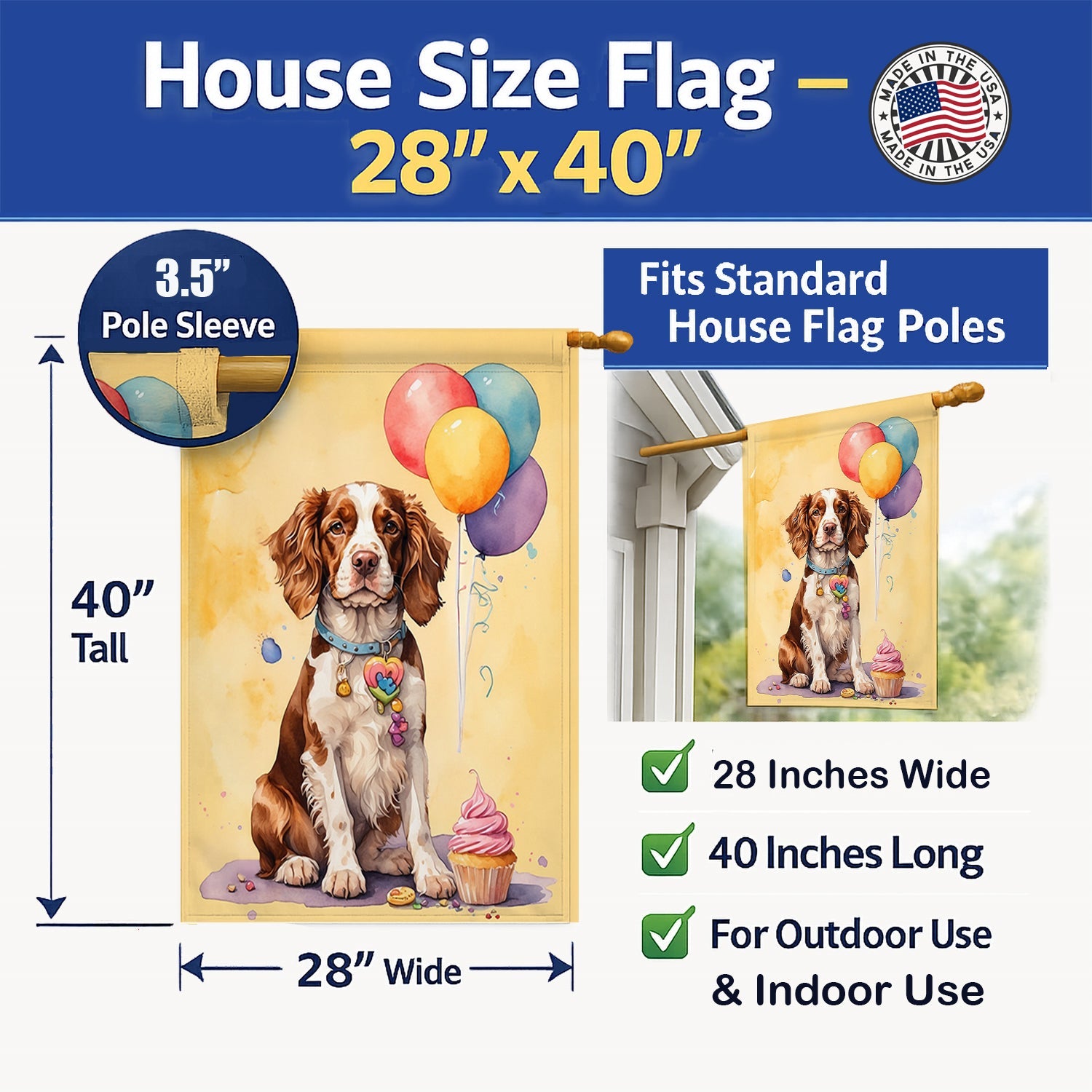 Welsh Springer Spaniel Happy Birthday House Flag 28x40 Porch Sleeve Pole Decorative Outside Yard Banner Artwork Wall Hanging, Polyester