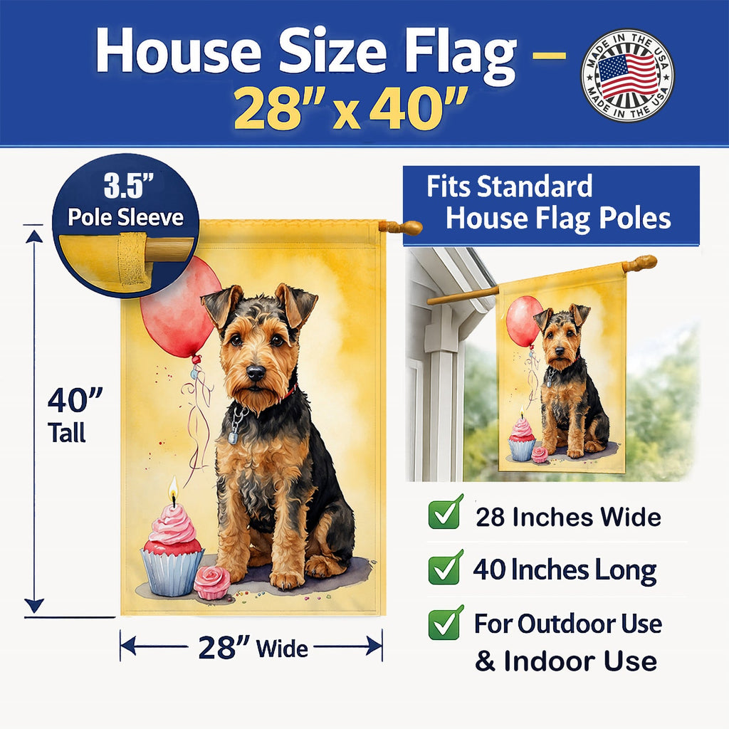 Welsh Terrier Happy Birthday House Flag 28x40 Porch Sleeve Pole Decorative Outside Yard Banner Artwork Wall Hanging, Polyester