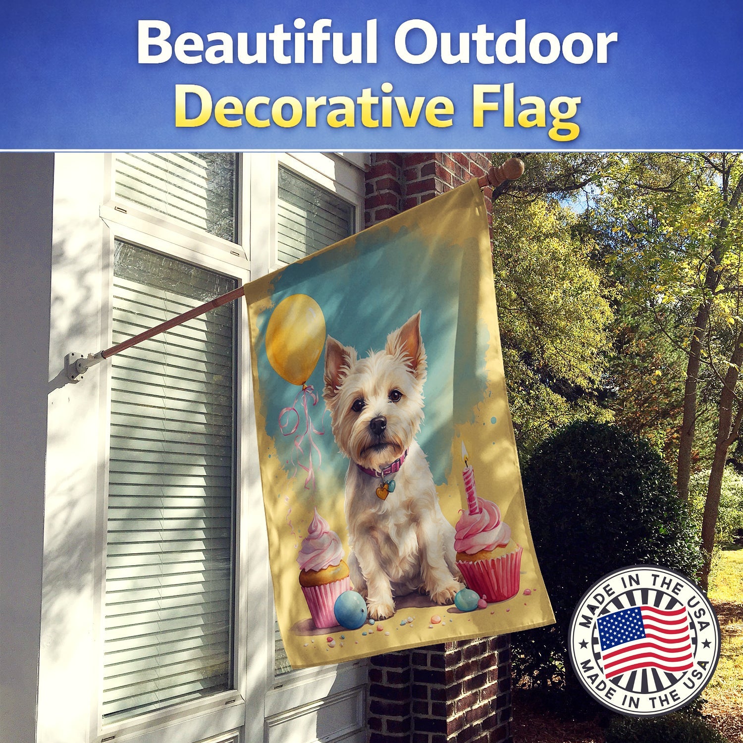 Westie Happy Birthday House Flag 28x40 Porch Sleeve Pole Decorative Outside Yard Banner Artwork Wall Hanging, Polyester