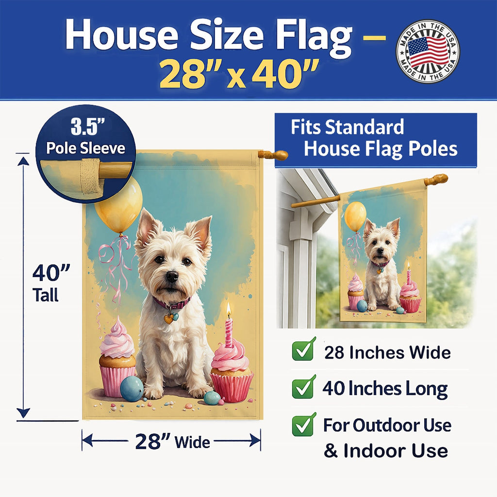 Westie Happy Birthday House Flag 28x40 Porch Sleeve Pole Decorative Outside Yard Banner Artwork Wall Hanging, Polyester
