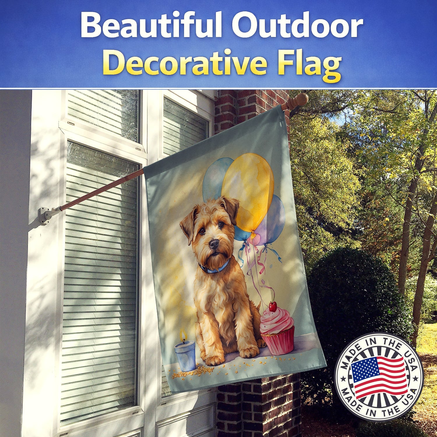 Wheaten Terrier Happy Birthday House Flag 28x40 Porch Sleeve Pole Decorative Outside Yard Banner Artwork Wall Hanging, Polyester