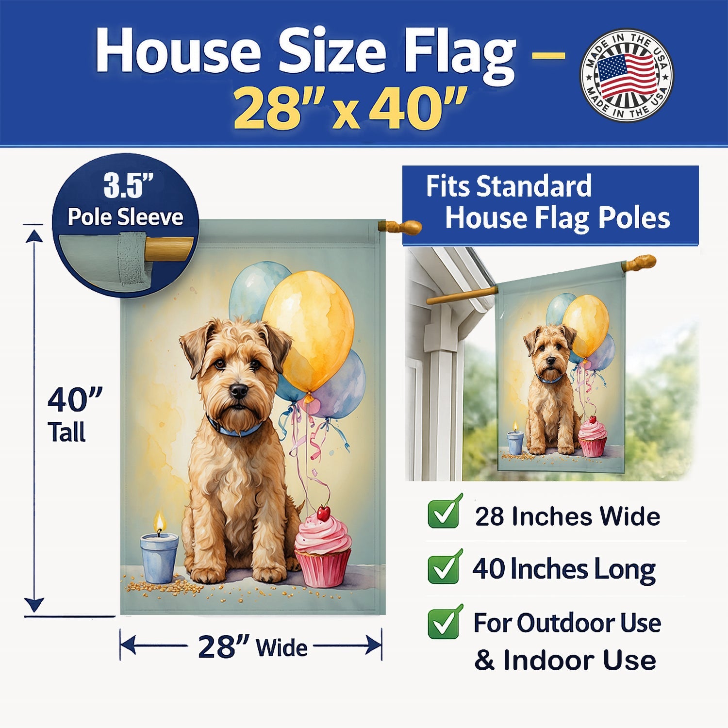 Wheaten Terrier Happy Birthday House Flag 28x40 Porch Sleeve Pole Decorative Outside Yard Banner Artwork Wall Hanging, Polyester