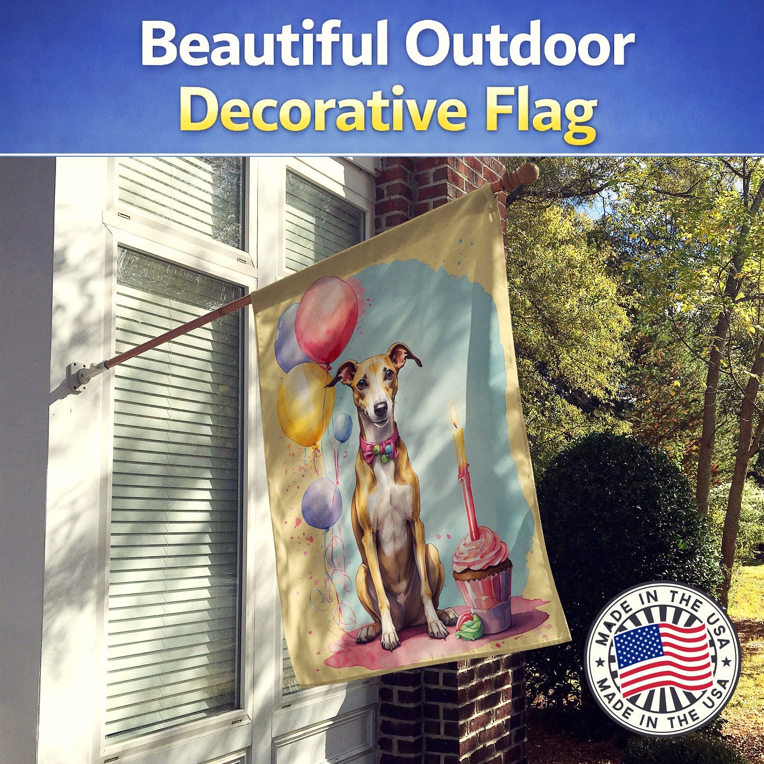 Whippet Happy Birthday House Flag 28x40 Porch Sleeve Pole Decorative Outside Yard Banner Artwork Wall Hanging, Polyester