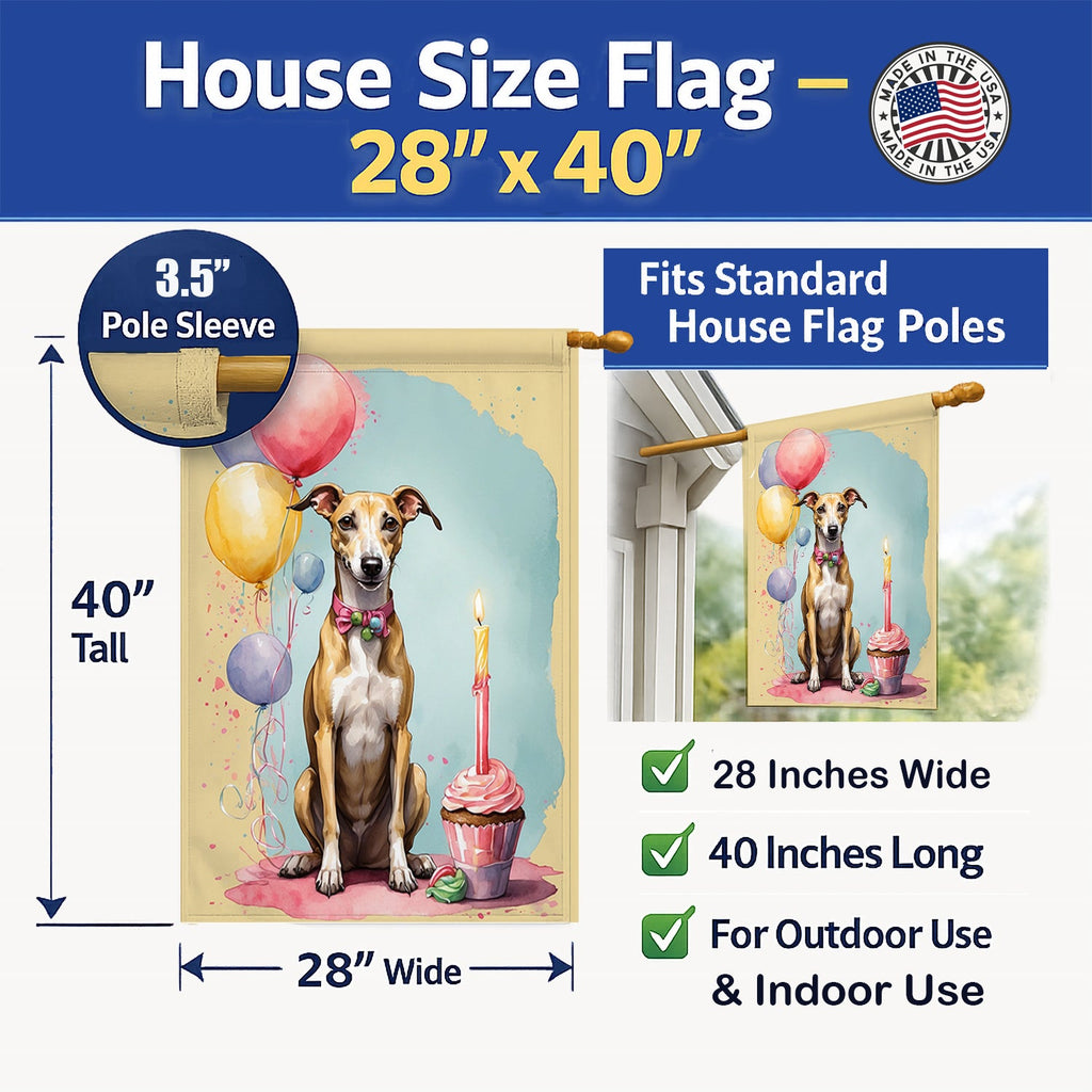 Whippet Happy Birthday House Flag 28x40 Porch Sleeve Pole Decorative Outside Yard Banner Artwork Wall Hanging, Polyester