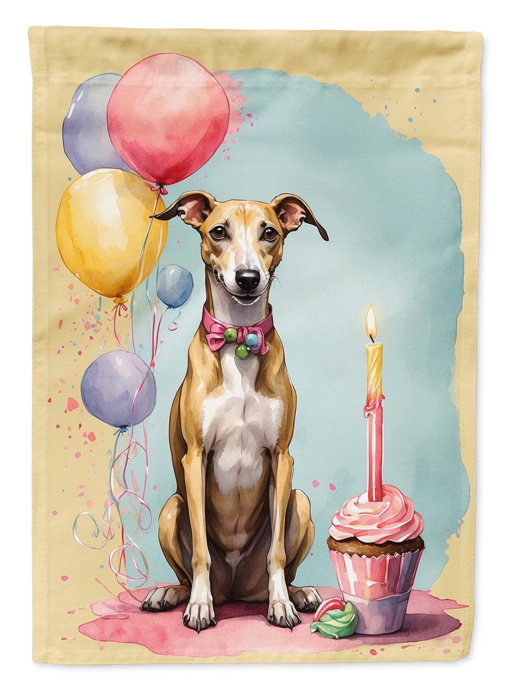 Whippet Happy Birthday House Flag 28x40 Porch Sleeve Pole Decorative Outside Yard Banner Artwork Wall Hanging, Polyester