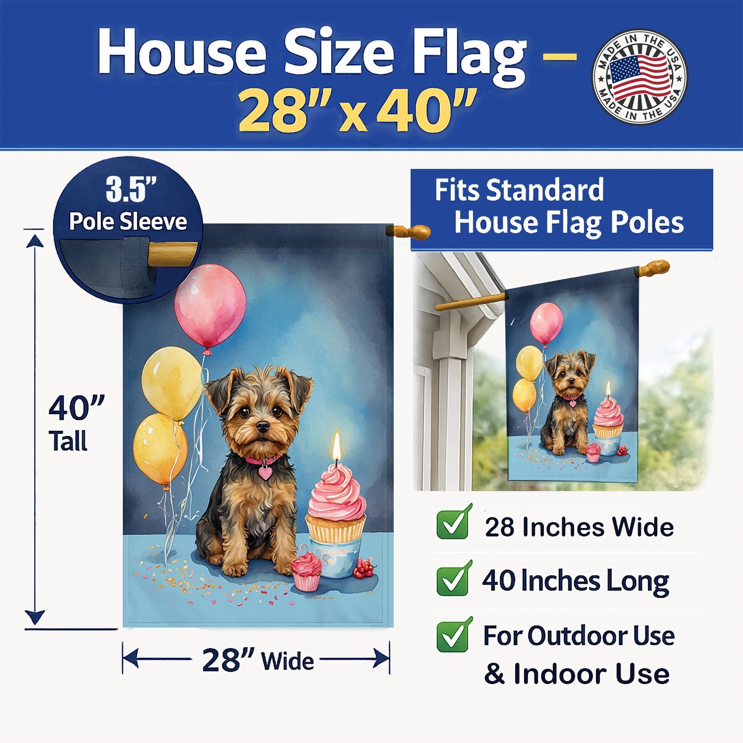 Yorkipoo Happy Birthday House Flag 28x40 Porch Sleeve Pole Decorative Outside Yard Banner Artwork Wall Hanging, Polyester