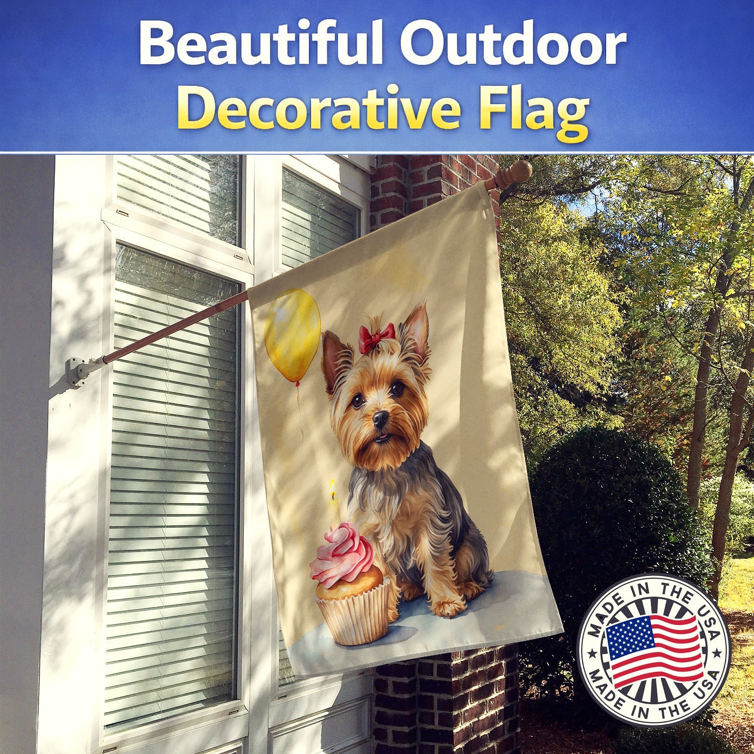 Yorkshire Terrier Happy Birthday House Flag 28x40 Porch Sleeve Pole Decorative Outside Yard Banner Artwork Wall Hanging, Polyester